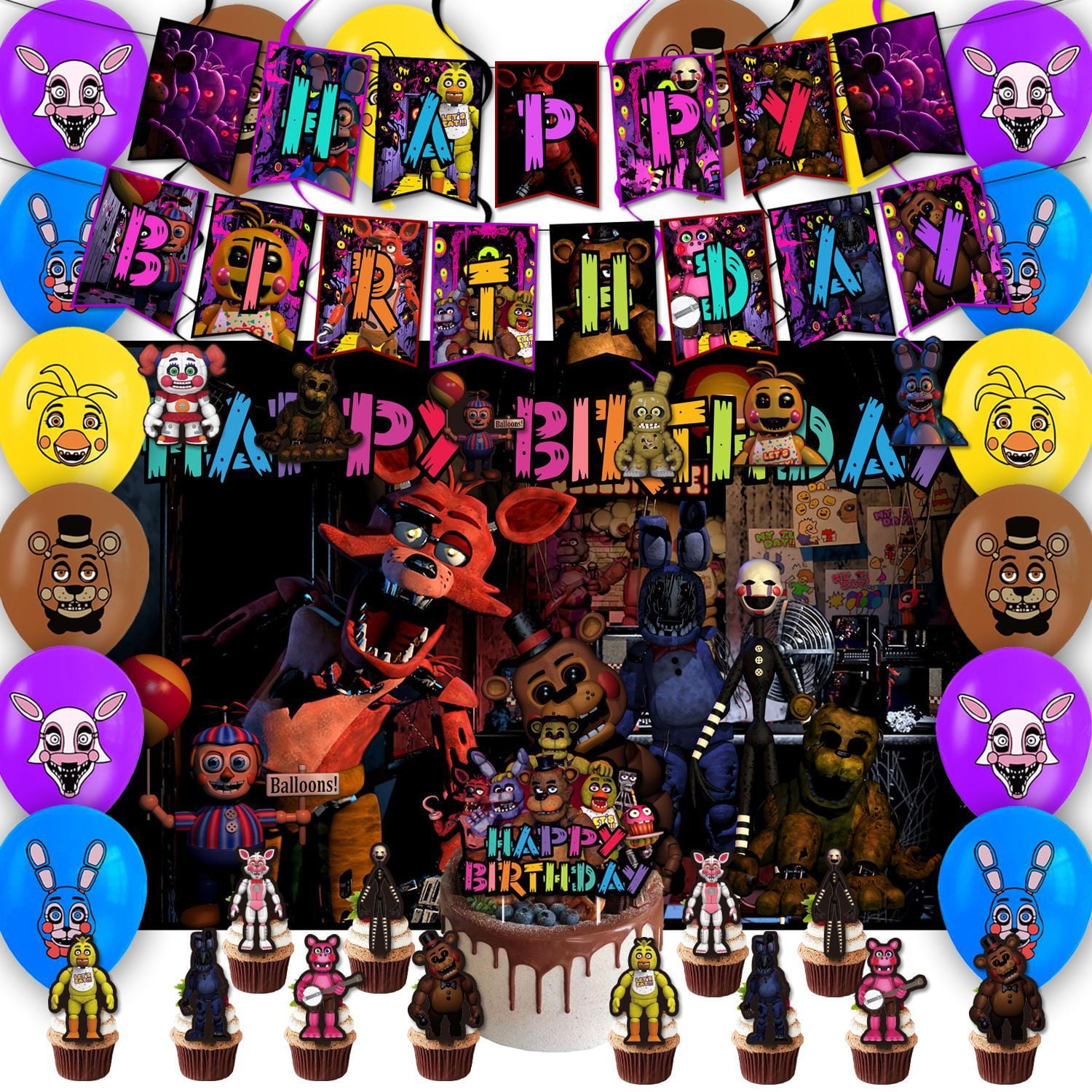 Five Nights At Fre-ddy's Party Supplies Set:1 Striscione FNFA 7 Topper Per Torta Con Animali 1 Grande Topper Per Cupcake 1277345