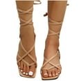 thumbnail image 4 of Anuirheih Lace up Sandals Tie up Dress Summer Thick Heel Flip Flops Sandals for Women, Women's Casual Strappy Sandals, for Work Walking(Khaki), 4 of 8