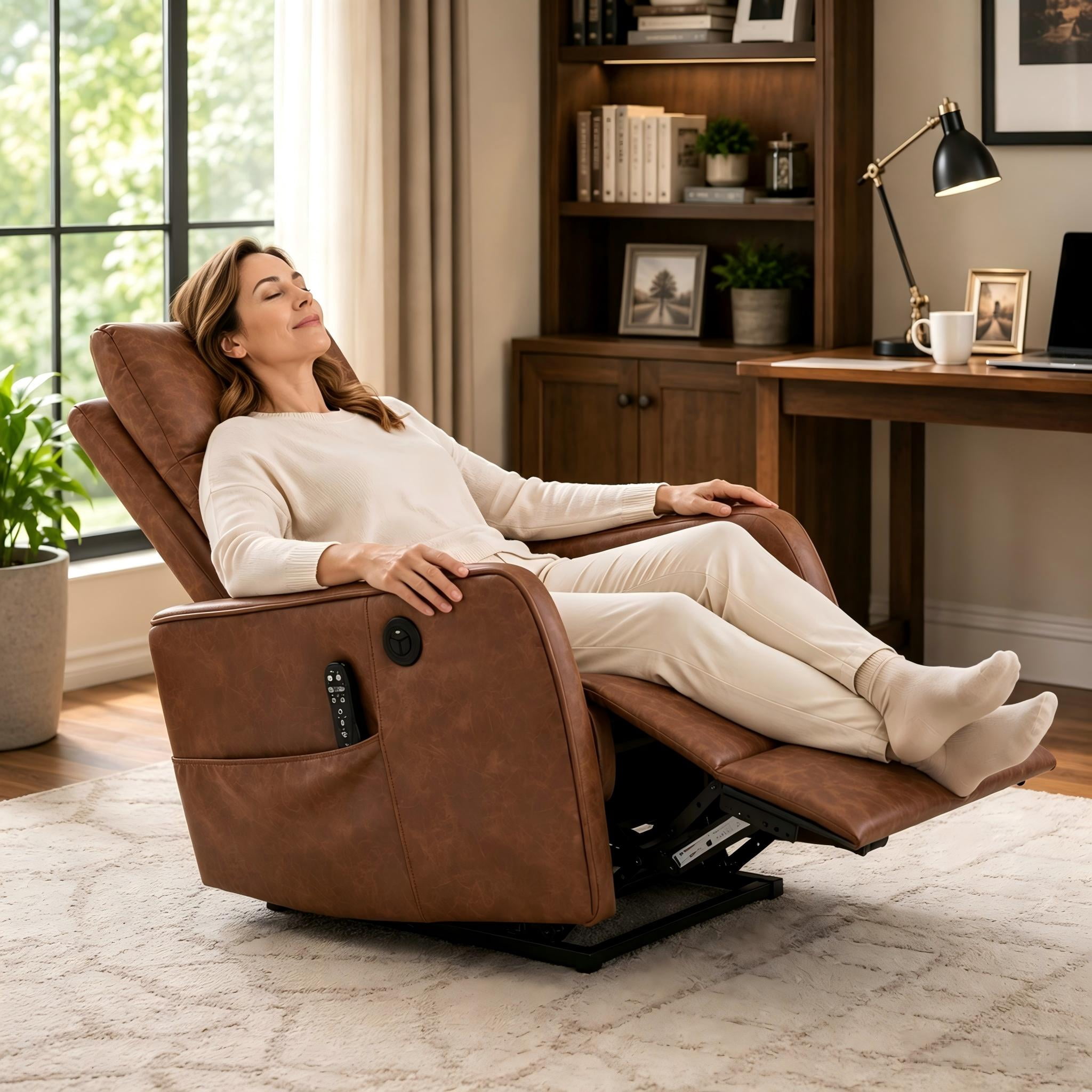 Aukfa Leather Power Lift Recliner Chair for Elderly, Single Motor Electric Chair with Massage, Heat & USB Charging Port, Brown