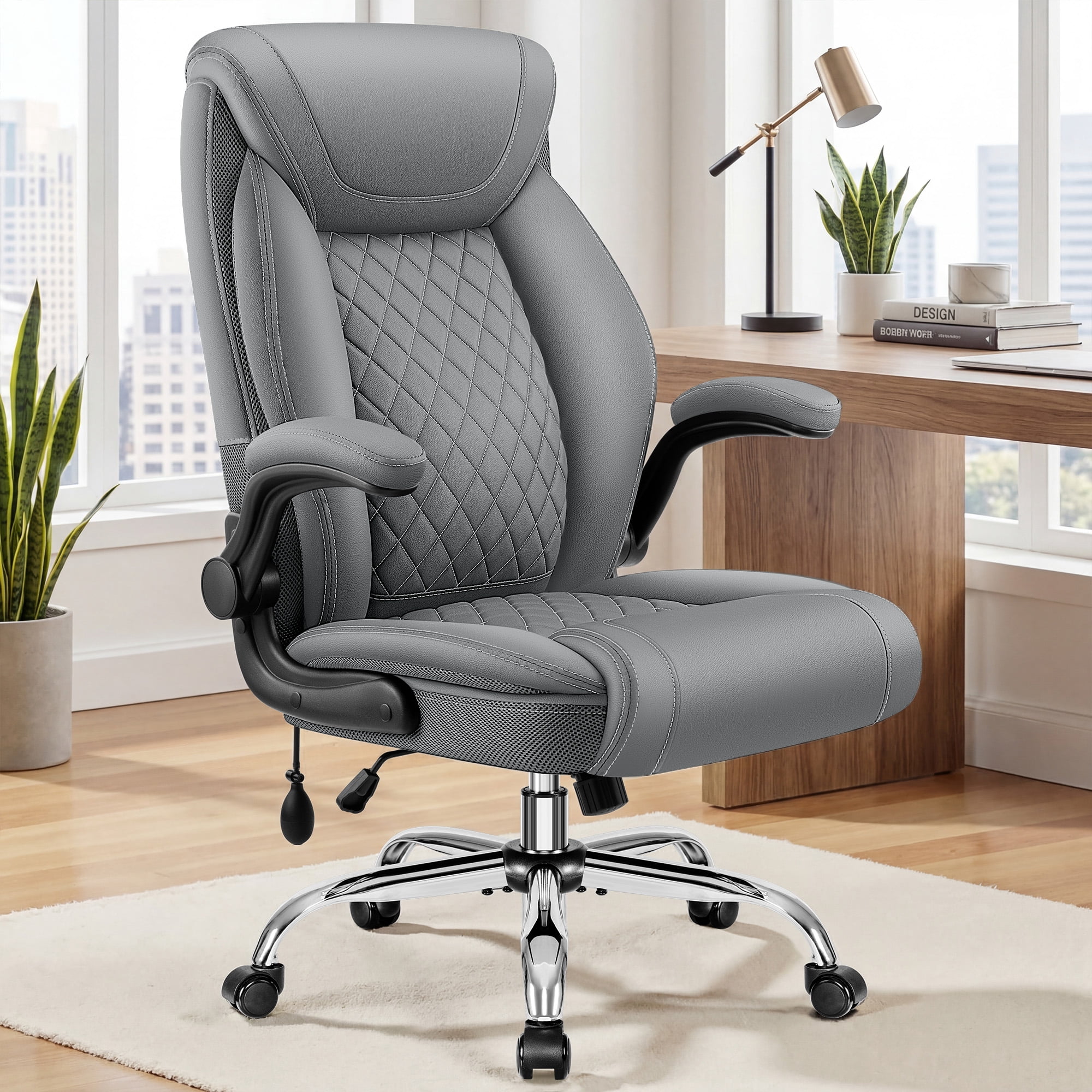 ATHOPE Leather Office Chair, Executive Desk Chairs with Flip-up Padded Armrests, Big and Tall Office Chair with Wheels, Ergonomic Computer Chair with Lumbar Support for Home Office, Gray