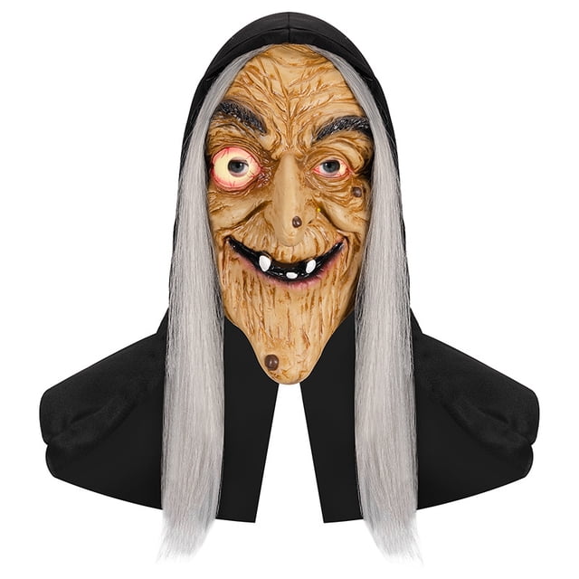 Máscara de bruja espeluznante cara de resina con pelo blanco para cosplay de Halloween