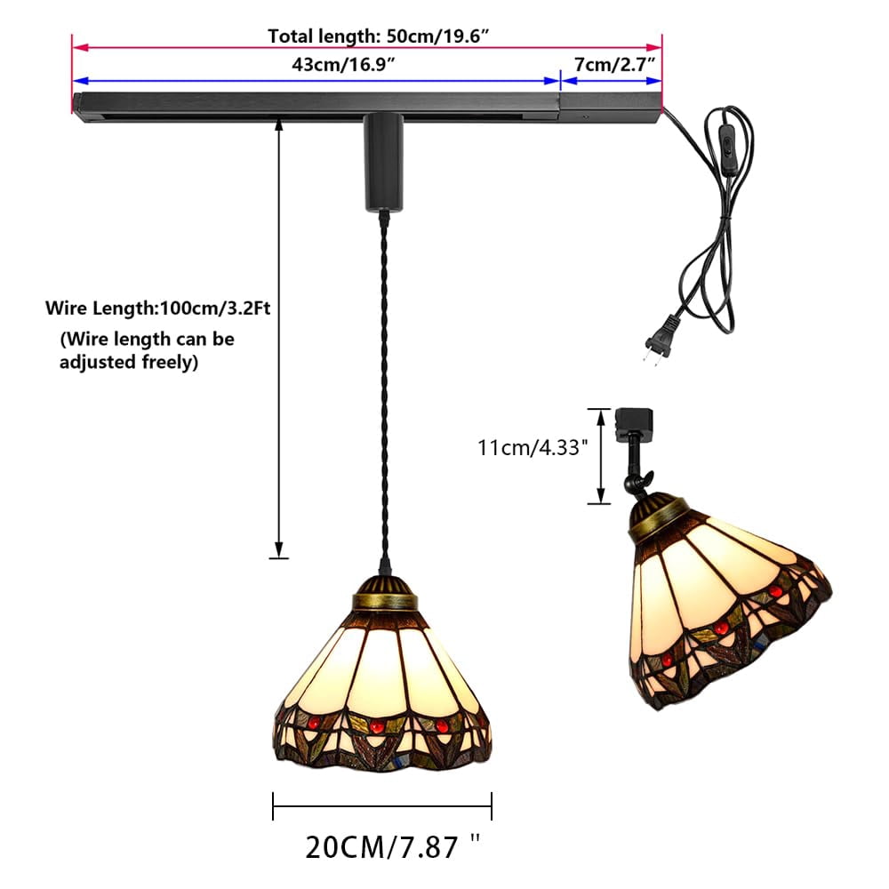 KAYYELAMP 1x Plug in Cable Track Rail, 1X Adjustable Cord, 1x Adjustable Angle Handmade Glass Shade Tiffany H-Type Track Lighting Fixture for Kitchen Loft(No Bulb)