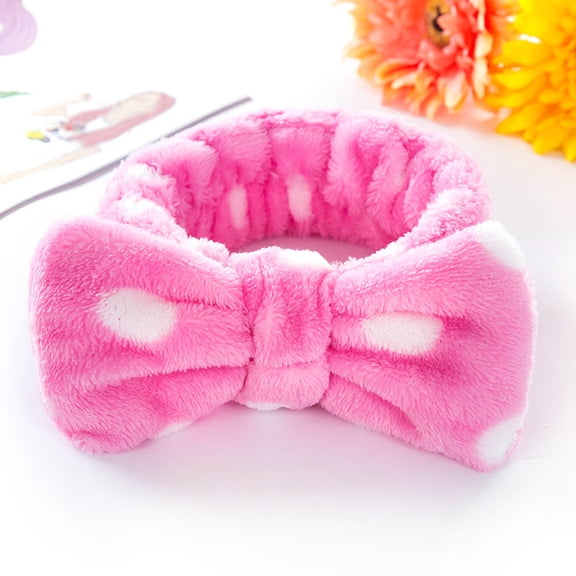 (Pink dots) Face wash makeup sports hair towel headband with bow elastic band