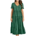 thumbnail image 2 of Aimik Women's Casual V-Neck Tiered Midi Dress Short Sleeve Plaid Loose Flowy Summer Beach Dress Summer Dresses for Women, 2 of 6