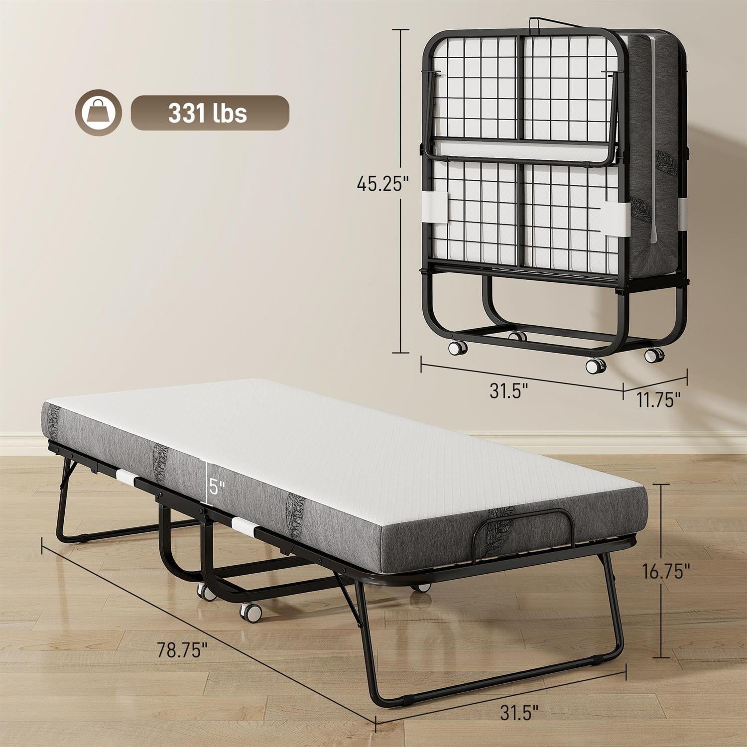 Demi Bonn 78.75" x 35.5" Folding Bed with 4.9" Thickness Mattress, Twin Size Steel Frame, Portable Roll-Away Bed for Adults, Strong Steel Construction, Black