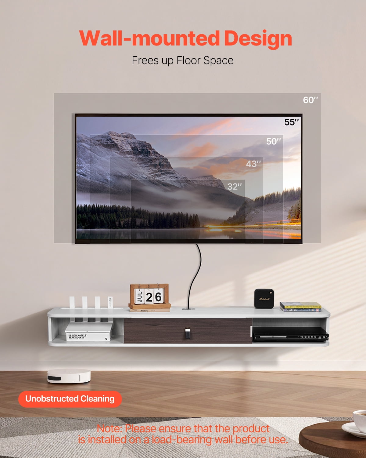 VEVOR Floating TV Stand, 55 in Wall Mount Entertainment Center with Cable Hole, Modern Floating TV Shelf with Storage Cabinet, Particle Board Console for DVD Player, Cable Box, Game Console, White