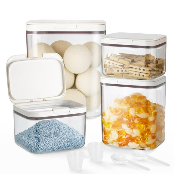 LivLab Mker Distributeur de Détergent à Lessive avec Couvercle à Pression Unique, pour l'Organisation de la Buanderie, Contenant Transparent pour Poudre à Lessive pour Animaux avec Tasse à Mesurer, Contenant pour Capsules de Lessive (Lot de 4-Transparent)