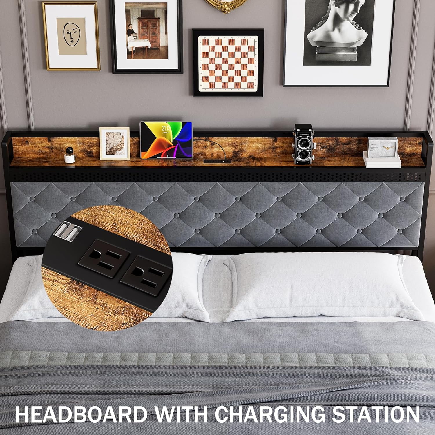 Historyli King Size Bed Frame with RGB LED Lights,Storage Headboard & 2 Storage Drawers,Upholstered Platform Bed with USB Ports & Outlets,Noise Free,Easy Assembly,No Box Spring Needed,Grey