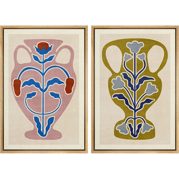IDEA4WALL Framed Canvas Print Wall Art Set Multicolor Ornate Flower Vase Collage Abstract Digital Art Decorative Bohemian Colorful Chic Artwork for Living Room, Bedroom, Office - 24"x36"x2 Natural