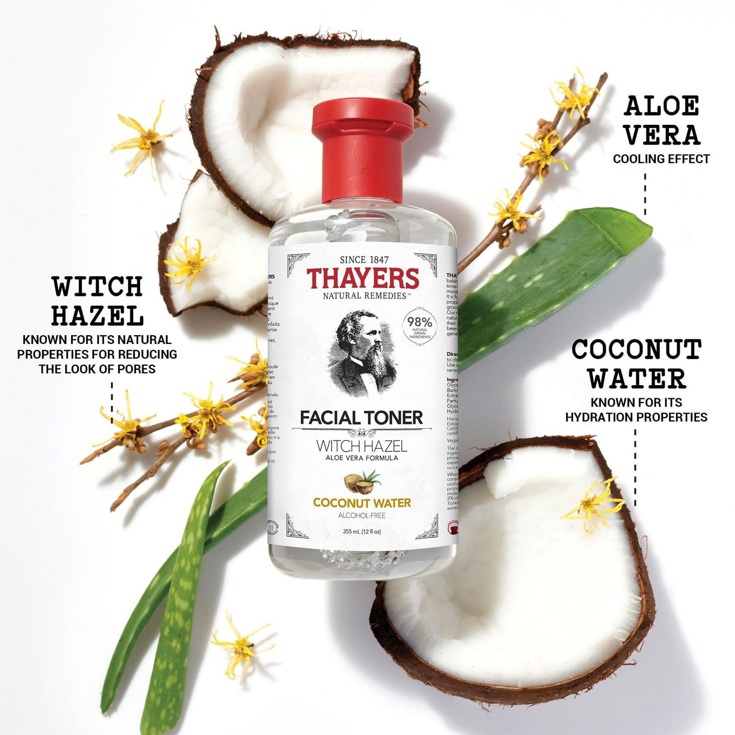 THAYERS Coconut Water Facial Toner Alcohol-Free Witch Hazel Aloe Vera Formula 355mL, Alcohol-Free Facial Toner