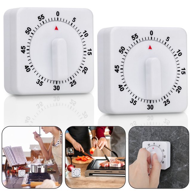 TSV 2 Pcs Minuteries de Cuisine, Minuteries Mécaniques à Remontage de 60 Minutes avec Alarme Forte. l'Image Affiche Deux Minuteries Mécaniques Blanches de Forme Carrée avec un Cadran de 60 Minutes et un Aiguille Triangulaire Rouge. les Minuteries Ont de Grands Chiffres Noirs pour une Visibilité Claire. des images Supplémentaires Montrent les Minuteries Utilisées pendant la Cuisson, le Gril et le Réglage Manuel. Ces Minuteries Sans Pile Sont Légères et Idéales pour les Cuisines, les Salles de Classe et les Bureaux,