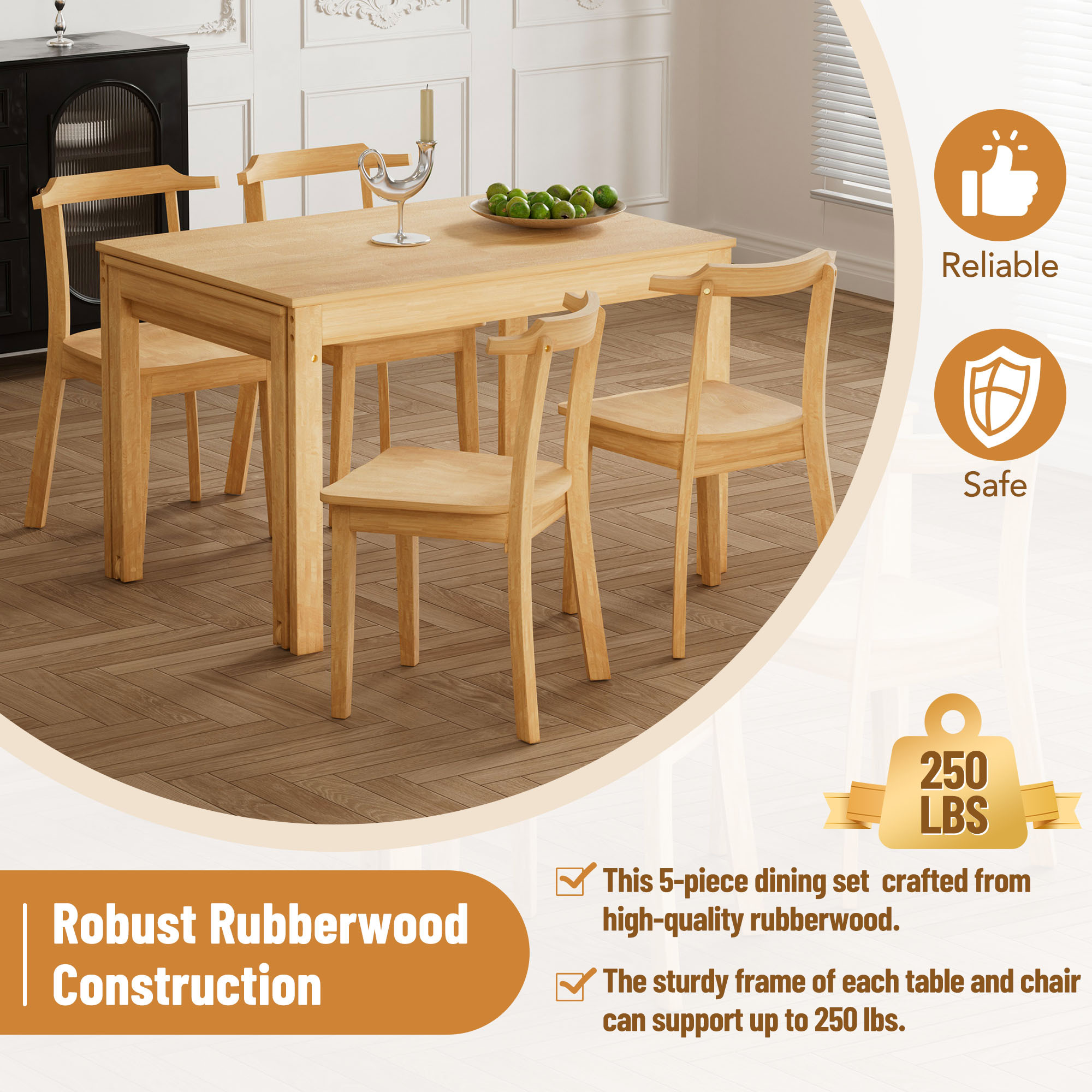 EUROCO 65" 5PCS Solid Wood Extendable Dining Table Set with Wheels,Dining Room Table Set with 17.7" Pull-out Side Table and 4 Dining Chairs for Small Places, Natural