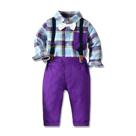 FRSASU Kids Suit Set Newborn Clothes Winter Boys Long Sleeve Suspender Trousers Set Boys Sling Gentleman Clothes formal Dress Suit Purple 5 Years