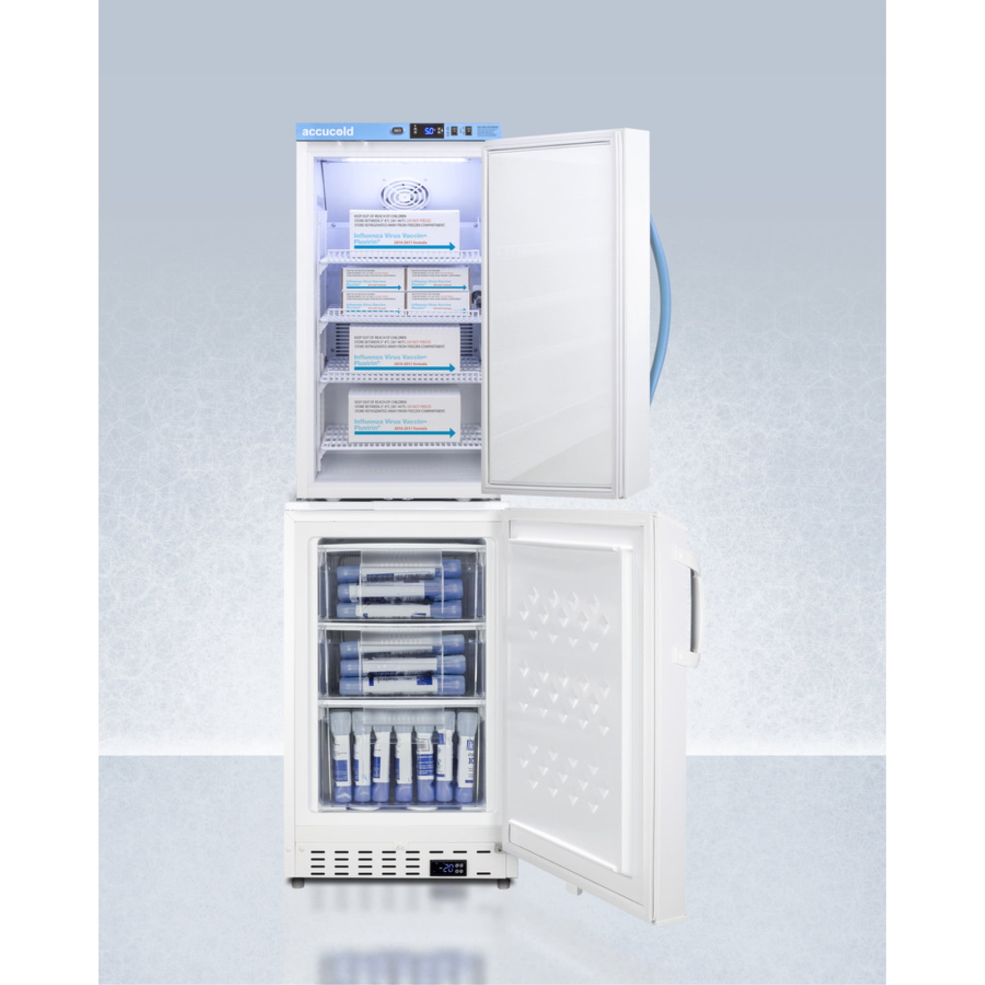 Stacked vaccine refrigerator-freezer combination