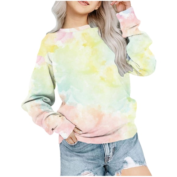 QIPOPIQ Girl Sweatshirts Tie Dye Pullover Crewneck Winter Long Sleeve Tops Shirts 1-12 Years Kids Winter Clothes Clearance