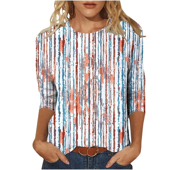 successthop Trendy Blouses for Women Plus Size 3/4 Sleeve Shirts Lightweight Oversized Crewneck Tops Print Tee Shirts
