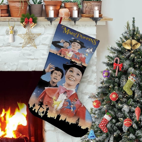 Mary Poppins-theme Christmas Stockings,Fine white linen for Stairs Fireplace Hanging Xmas Home Decor Christmas gift17.7"X12.6"(45cm×32cm)