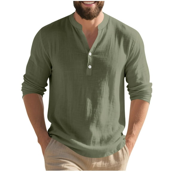 Makaor Long Sleeve Button up Shirts for Men Big and Tall Mock Neck Tops Solid Color Pullover Tees Vacation Clothes
