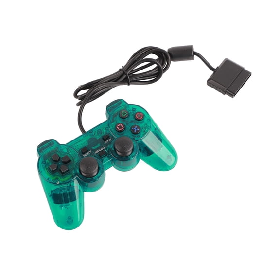 Para controlador de juegos con cable PS2, agarre cómodo, duradero, doble vibración, con cable, transparente, color verde