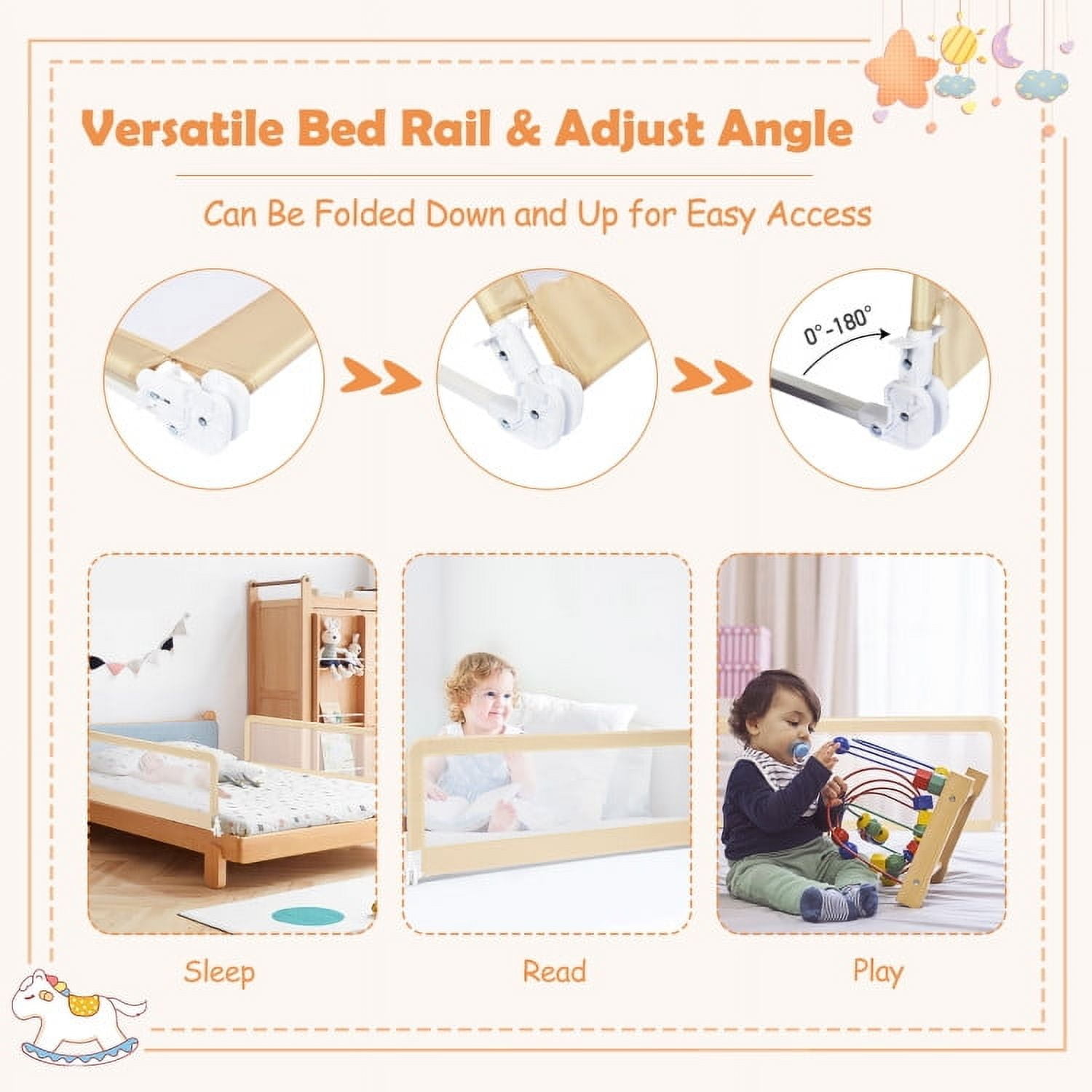 YYAo Bed Guard Rails,Bed Fence,Bed Gate for Baby,59 Inch Folding Breathable Baby Bed Rail Guard with Safety Strap-Beige