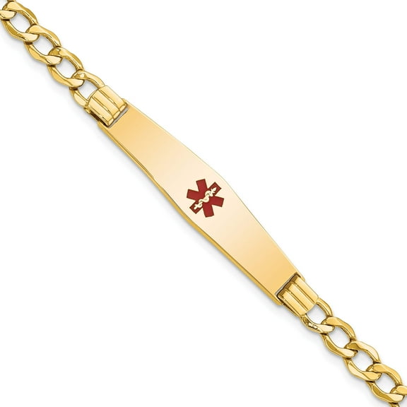 14K Yellow Gold Semi-Solid Medical Soft Diamond Shape Red Enamel Curb Id Bracelet (7 X 9) Made In United States xm572cc-7