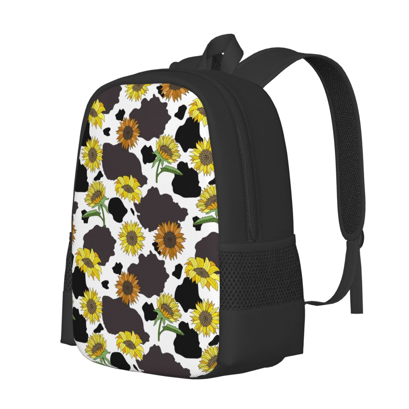 Vsdgher Black Cow Sunflowers Print Backpack for Women Men School Bookbag with Laptop Compartment for College Work Travel, Simple Fashion Casual Daypack, Fit 15" Laptop