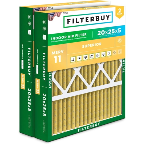 Filterbuy 20x25x5 Air Filter MERV 11 Allergy Defense, Pleated HVAC AC Furnace Filter Replacement for Honeywell & More, 2-Pack