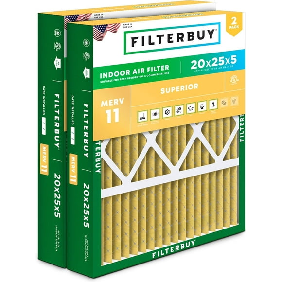 Filterbuy 20x25x5 MERV 11 (MPR 1200) Allergen Defense, Pleated HVAC AC Furnace Air Filters for Honeywell FC100A1037, Lennox X6673, Carrier, & More (2-Pack)