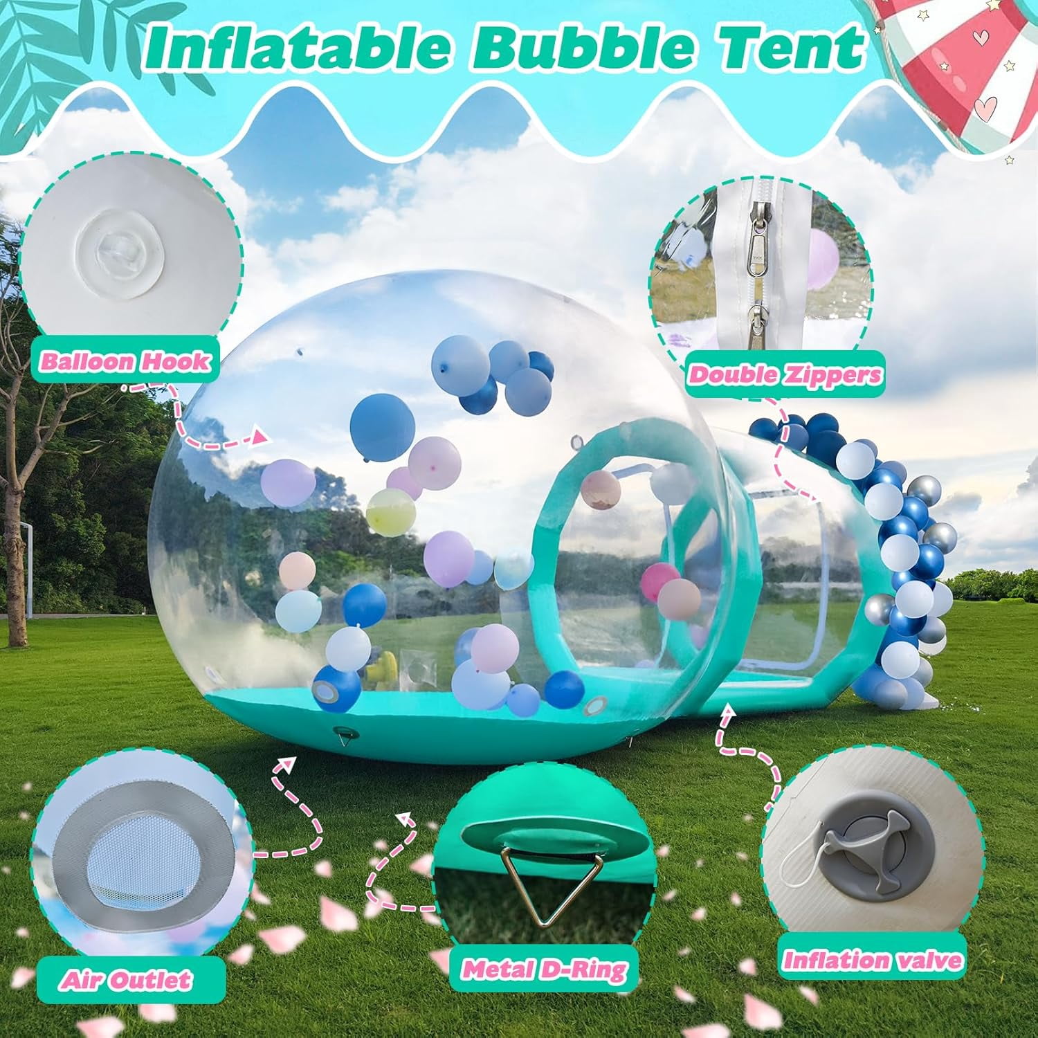 Vakiorn Cyan Inflatable Bubble House 10 ft Clear PVC Dome with Tunnel and Air Pump Kids Playhouse for Yard Party Decoration