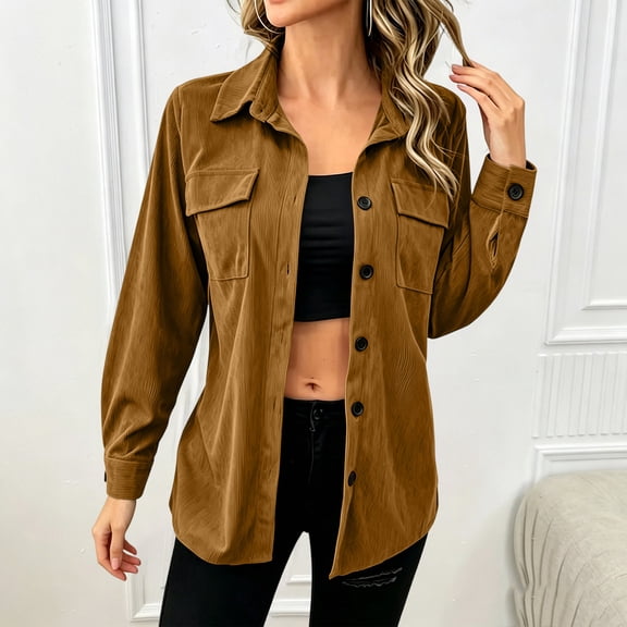 thefmos Women's Collared Long Sleeve Shirt Jacket with Chest Pockets Button Down Solid Color Casual Shacket Fashion Fall Spring Outfit, Yellow S