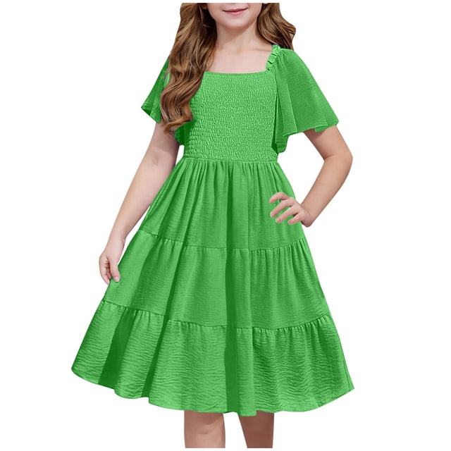 FAIWAD Robes d'Été pour Filles Smockées à Manches Courtes Robe Soleil à Étages Enfants Décontractée Fluide Quotidienne Fête Robe Princesse 3-14a
