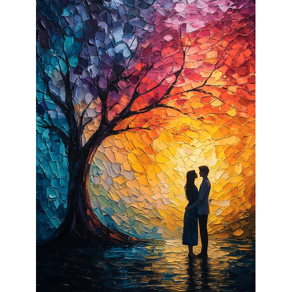 Romantic Couple Sunset Tree Palette Knife Oil Painting Canvas Art Print, Perfect for Living Room, Bedroom, Dining Room, Office, Hallway Decoration.