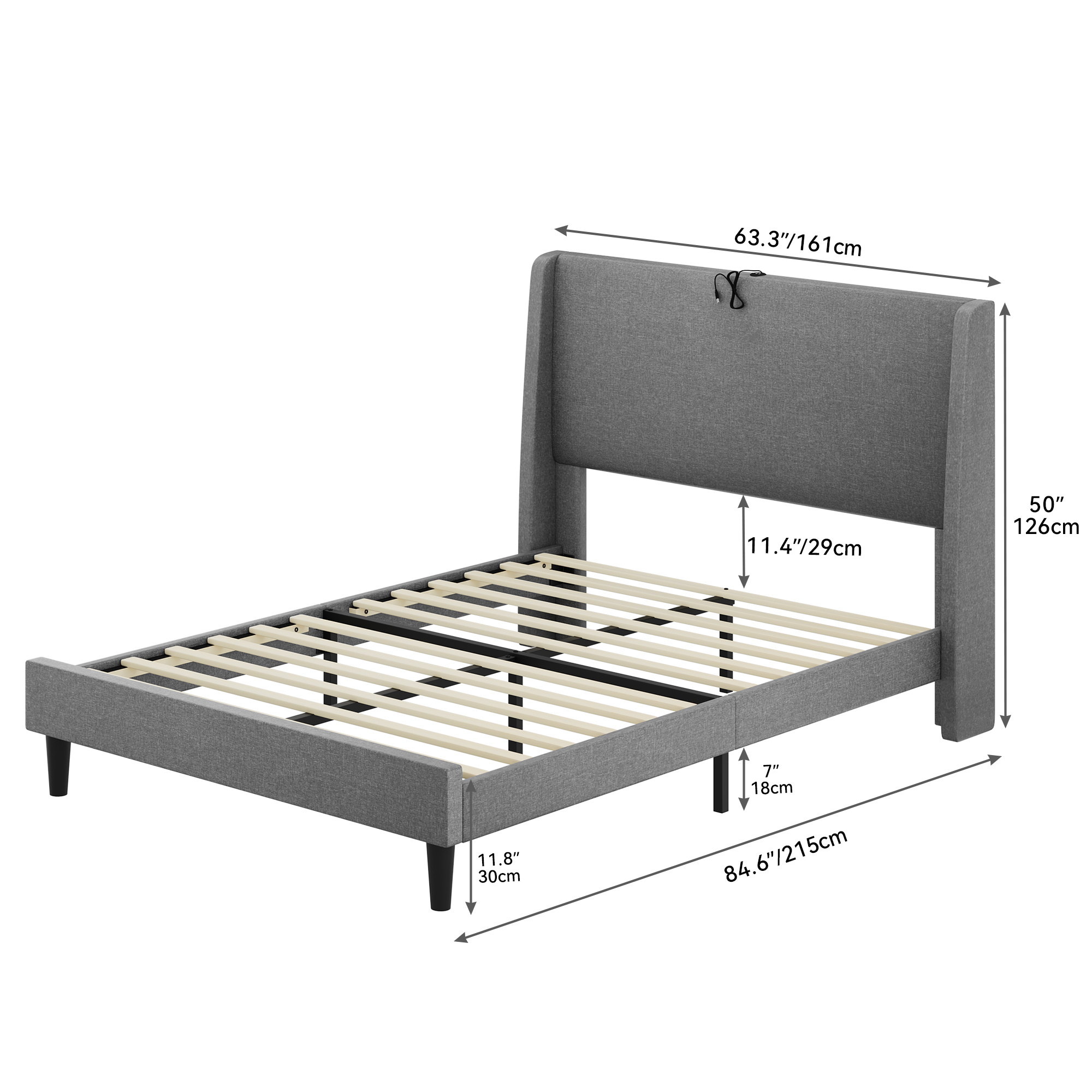 Dextrus Queen Size Bed Frame with a 50-inch Tall Headboard,No Requirement for Box Spring,Grey