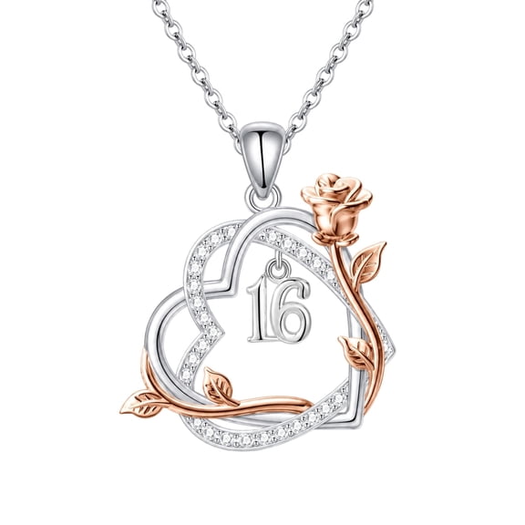Taioiat Sweet 16 Birthday Gifts White Gold Plated Heart Rose Number 16 Pendant Necklace with Cubic Zirconia Jewelry Gifts for Girlfriend Granddaughter Sister