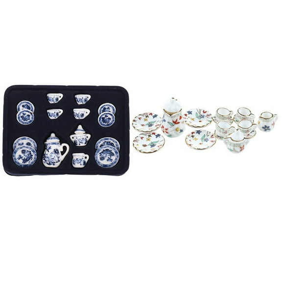 2set Miniature Dinnerware Porcelain Tea Set Tableware Cup Plate Colorful Floral Print & Blue Flower