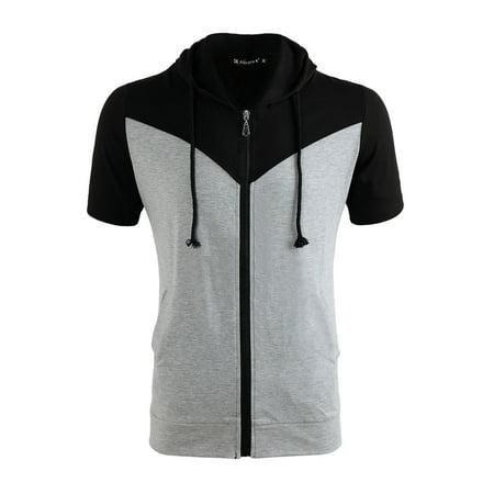 Jersey Short Zip Unique Bargains Men's Zip Up Short Sleeves Color Block Drawstring Hooded Sweatshirt ()