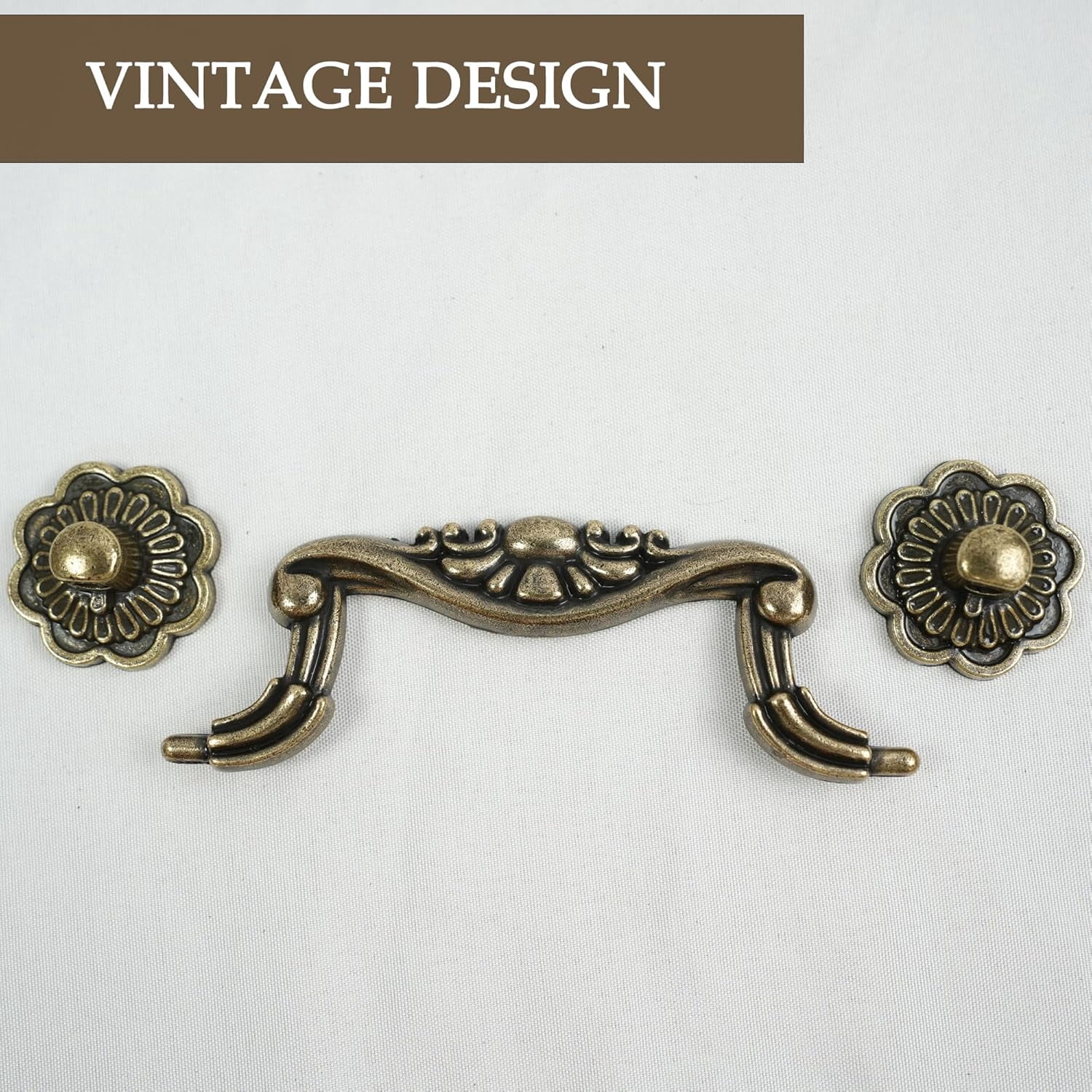 6-Pack Antique Brass Drop Bail Pulls for Cabinets, 3" Hole Centers, Vintage Floral Decorative Handles for Dresser Drawers, Wardrobe Cupboards