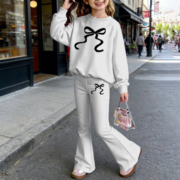 RUTAYY Girls 2 Piece Casual Outfit Crew Neck Long Sleeve Graphic Print Tops Elastic Waist Flare Pants Kids Daily Playwear White