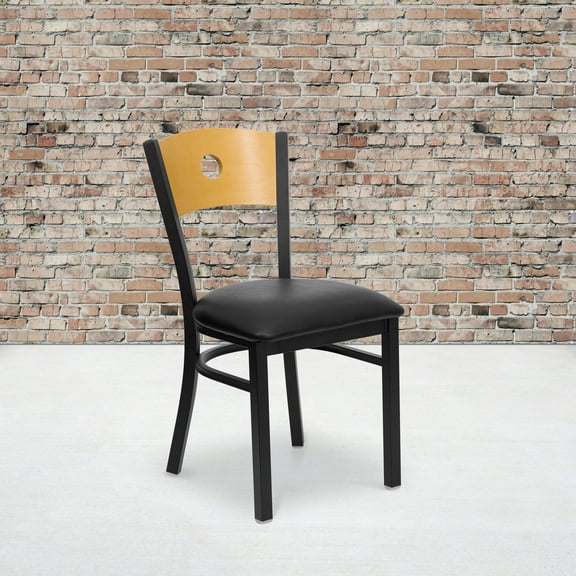 BizChair 2 Pk. Black Circle Back Metal Restaurant Chair - Natural Wood Back, Black Vinyl Seat