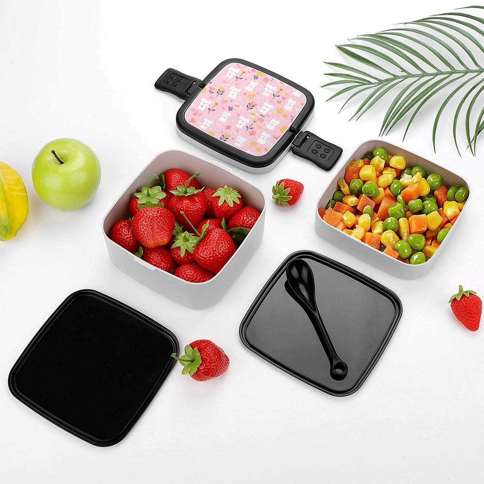 5.3×4.3in Double-Layer Bento Box Sealing Leakproof Partition Design Buckle Design Convenient Switch With Handle Cartoon Cat And Flowers