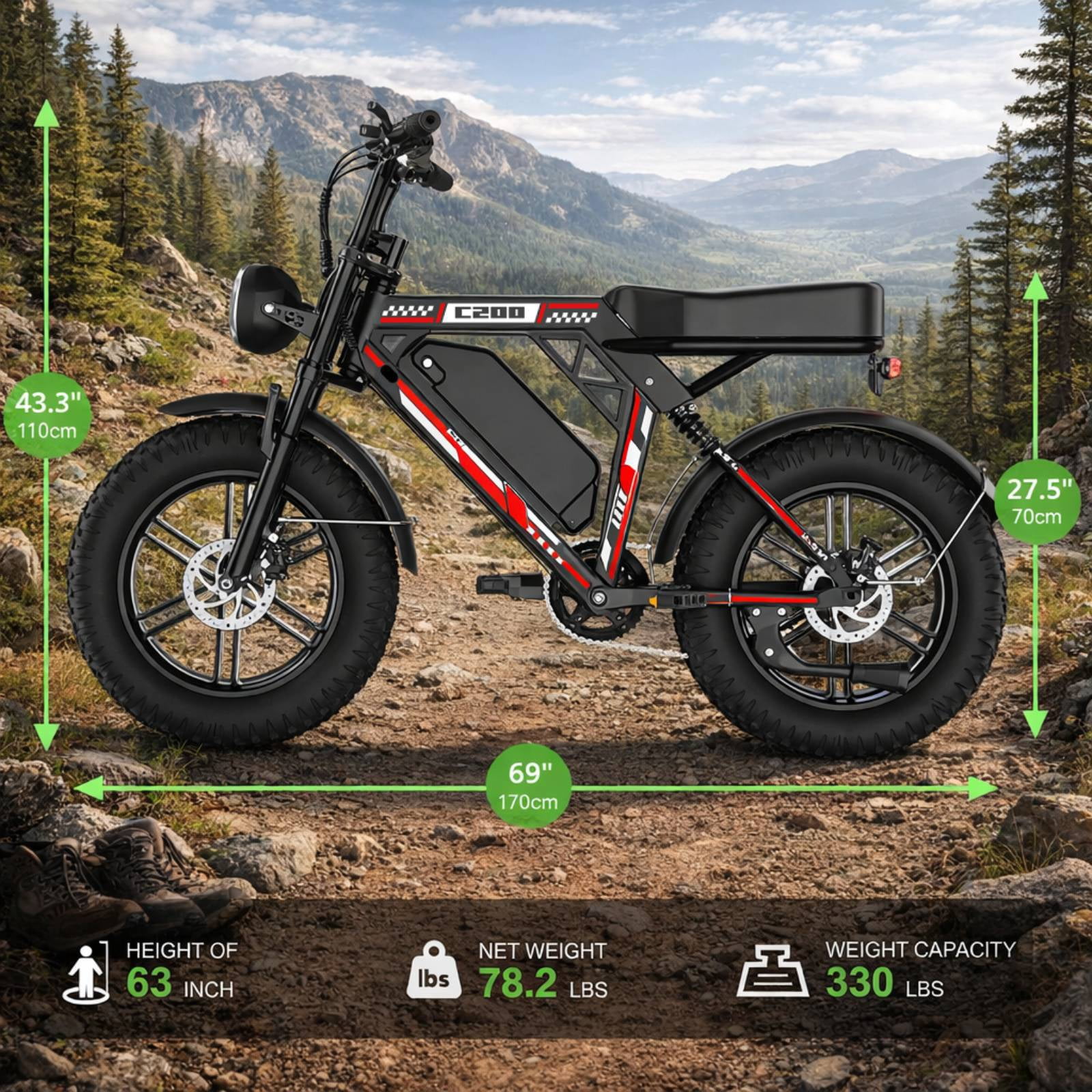 EggKing C200 1000W Electric Bike for Adults, 20" Fat Tire E-Mountain Bikes, 48V 17.5Ah 31MPH Electric Bicycle, Full Suspension UL2849 Black