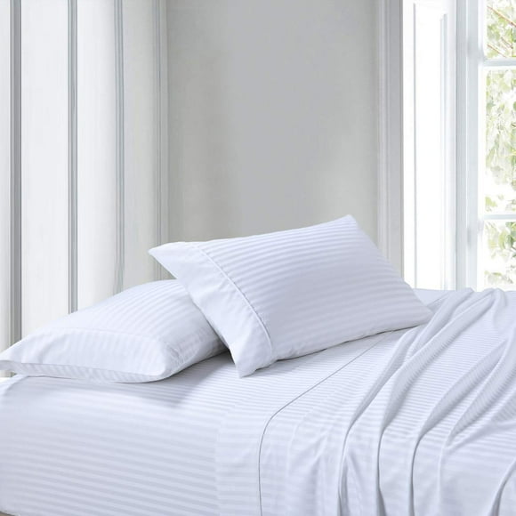 King Waterbed Size Sheets, White, 100% Cotton Sheets, Waterbed Sheets, Cool Cotton Sateen, Smooth Striped Pattern Weaved Bed Sheets