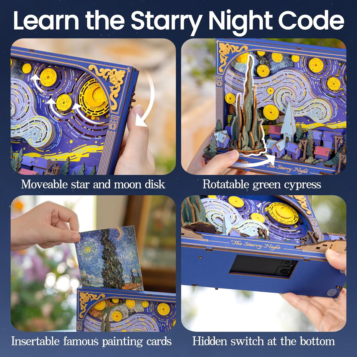 ROKR Wooden Puzzle Building Set for Adult with Lights The Starry Night , Art & Craft Kit, Wall Painting Frame Room Decor, Xmas Gift