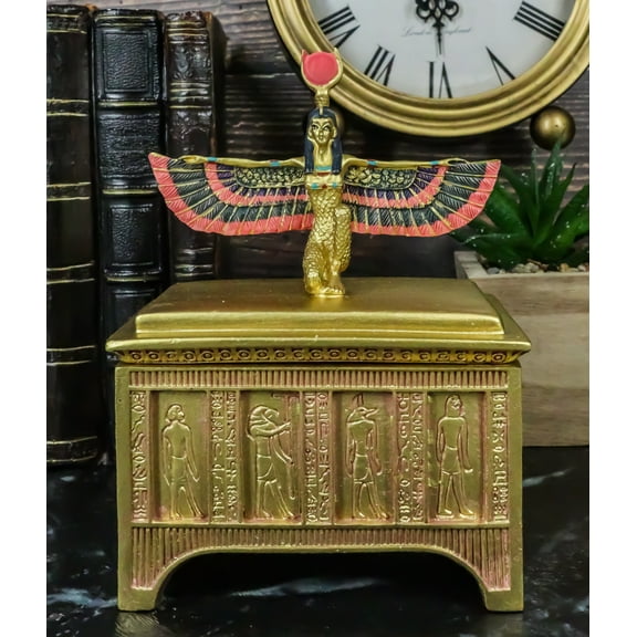 Ebros Egyptian Isis With Open Wings Golden Jewelry Box Statue Motherhood Magic