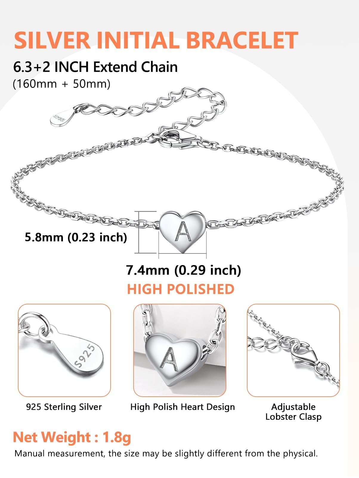Silvora Initial Heart Bracelet 925 Sterling Silver photo 7