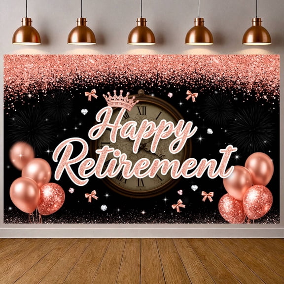 Rose Gold Glitter Happy Retirement Banner Vintage Clock Retirement Backdrop Bow Accents Decorations Celebration Display for Retirement Party Office Farewell Family Celebration