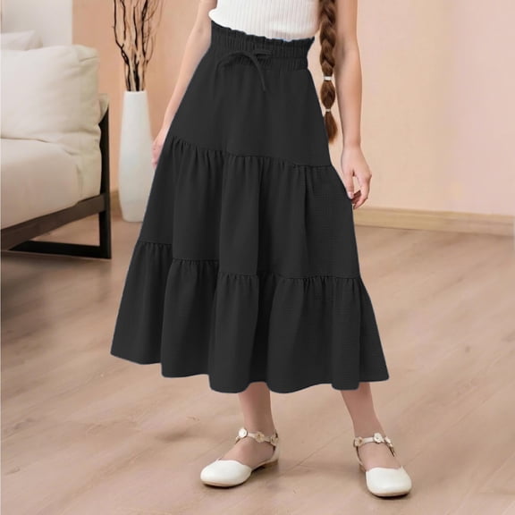 Wuxian Youth Girls Skirts Bohemian Solid Color High Waist Casual Ruffled Tiered Flowy Breathable Loose Fit Tunic Long Skirt Summer Comfortable A-Line Vacation Beach Dailywear,Black,4-5 Years