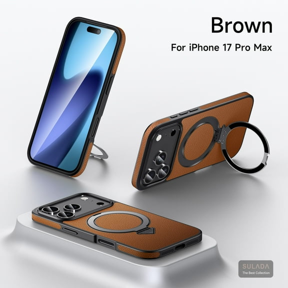ELEHOLD Magnetic Case for iPhone 17 Pro Max 2025, Shocproof Slim Premium Leather Magnetic Ring Kickstand PU Leather Slim Protective Case Cover,Brown
