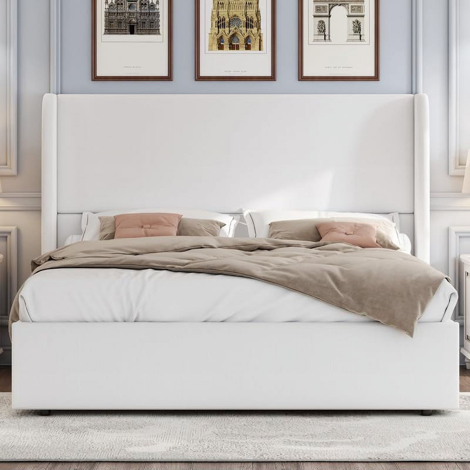 VanAcc King Size Lift Up Storage Bed, Upholstered Platform Bed Frame, Modern Wingback Headboard, No Box Spring Needed, White
