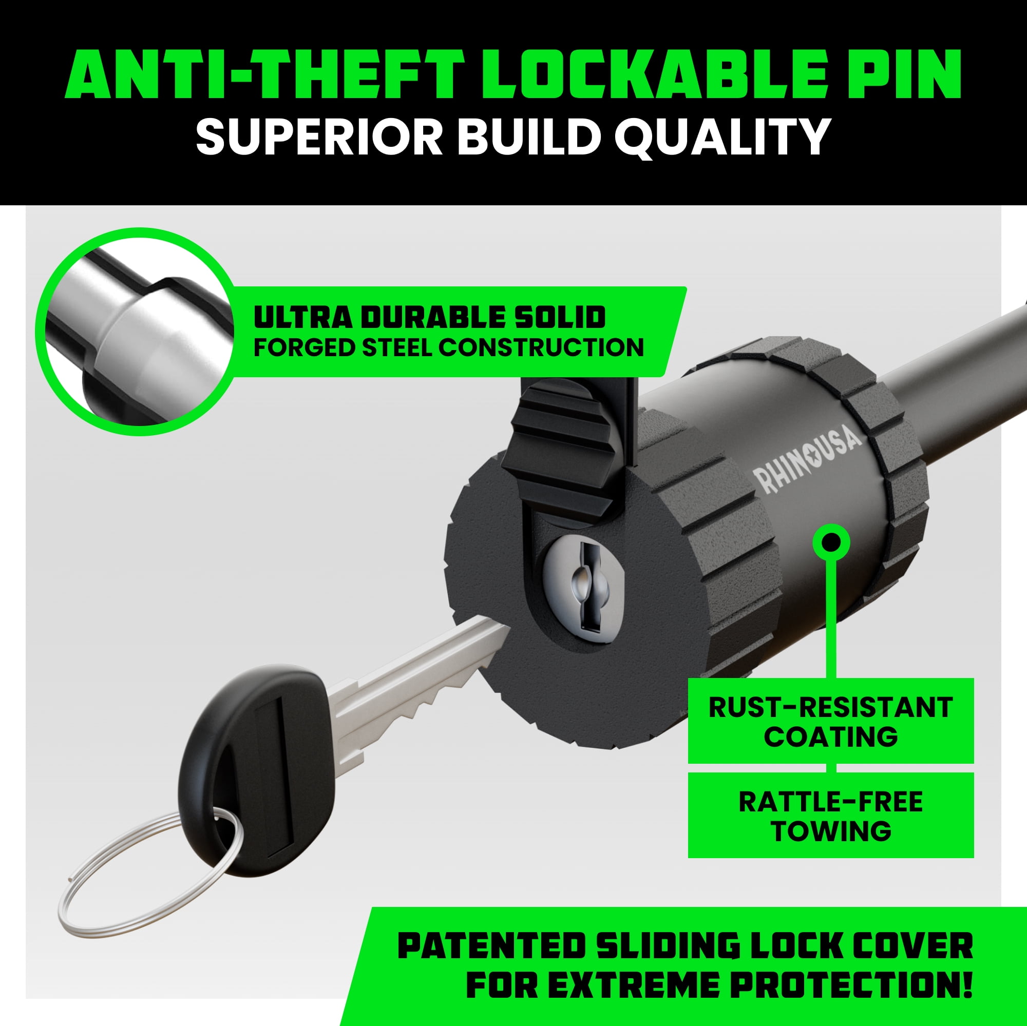 Rhino USA Trailer Hitch Pin (2.5 Inch) Patented 5/8" Locking Receiver Hitch Pins for Class V Hitches